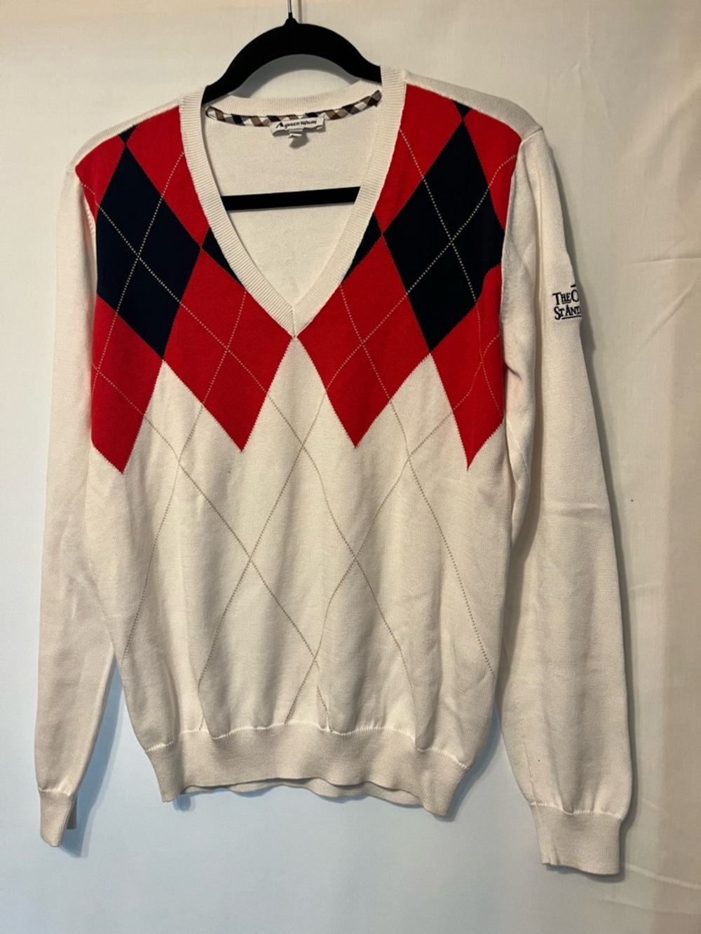 Argyle V-Neck Sweater by - White with Red & Navy